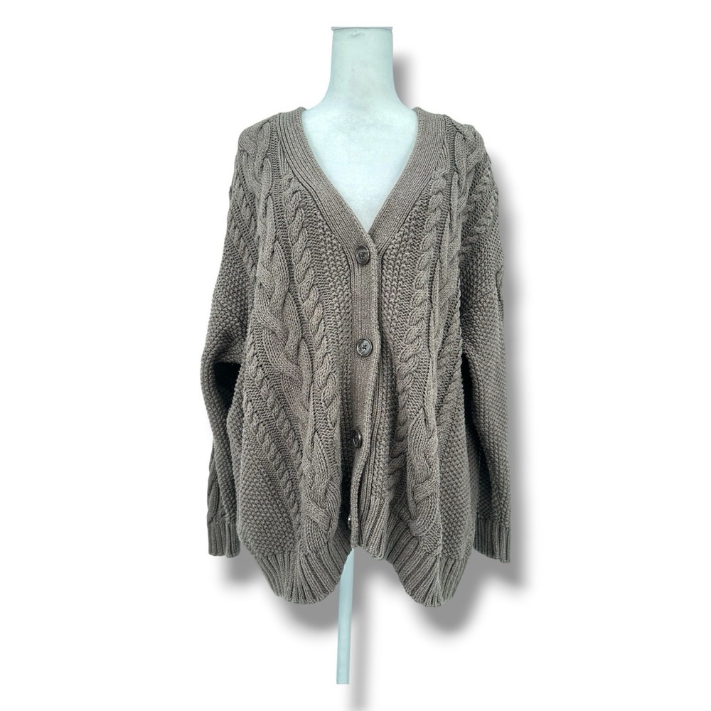 Quince 100% Organic Cotton Oversized Cable Knit Cardigan Heather Brown Women's S